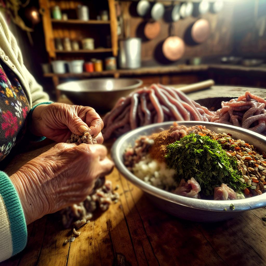 The traditional method of making chireta (lamb-stuffed intestines).