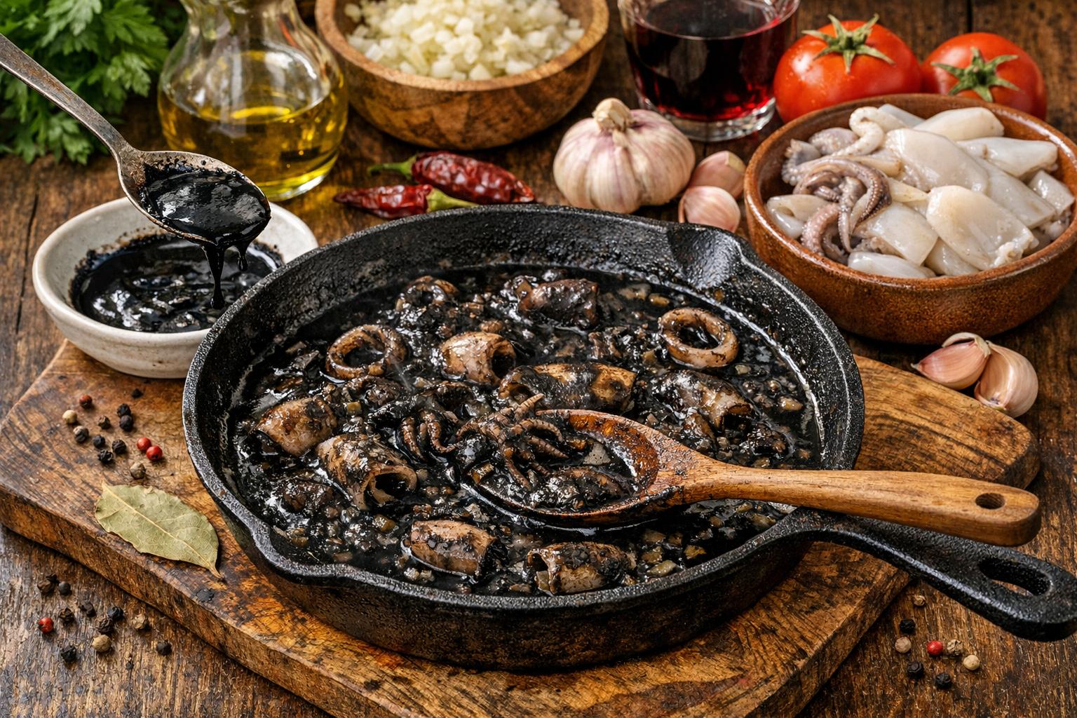 The preparation of calamares en su tinta (squid in its ink).