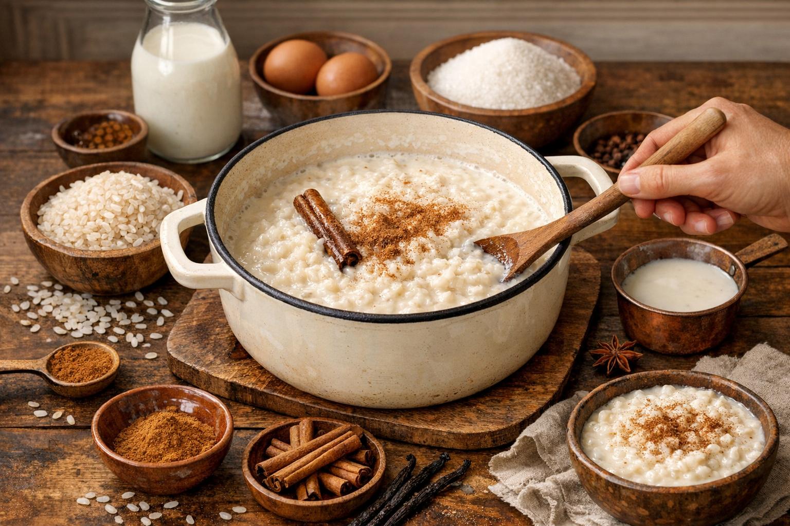 The preparation of arroz con leche (rice pudding).